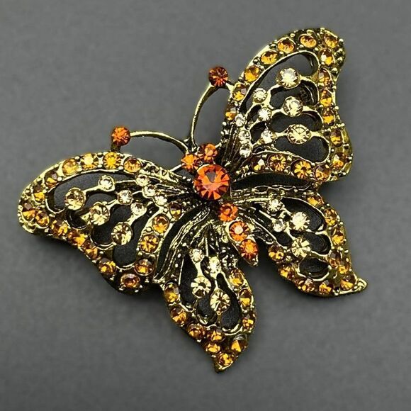 Yellow Gold with Champagne Topaz and Brown Crystal Butterfly Pin Back Brooch - Picture 1 of 7